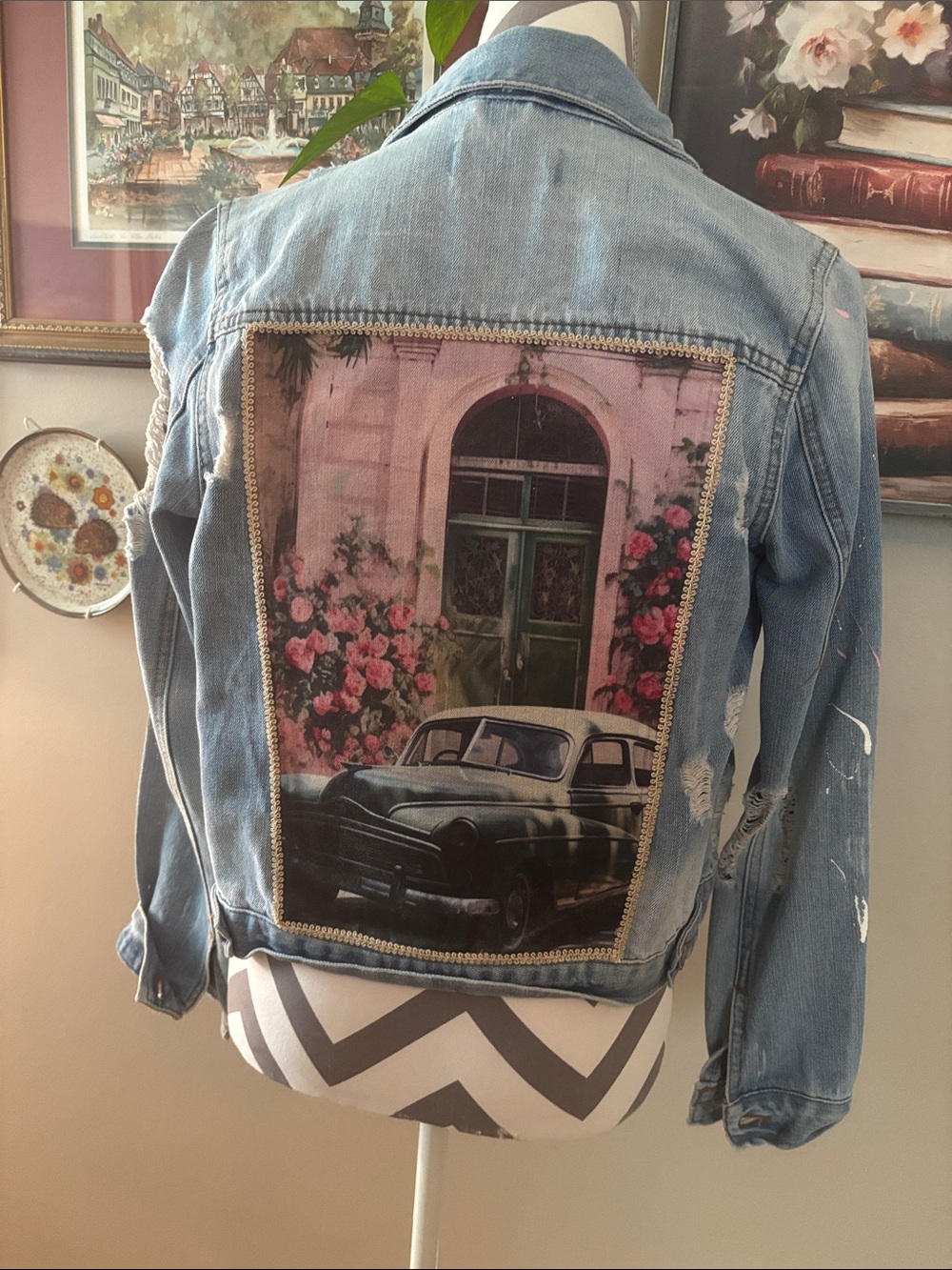 HANDMADE!! Light Blue Denim Jacket with Vintage Car Back Patch
